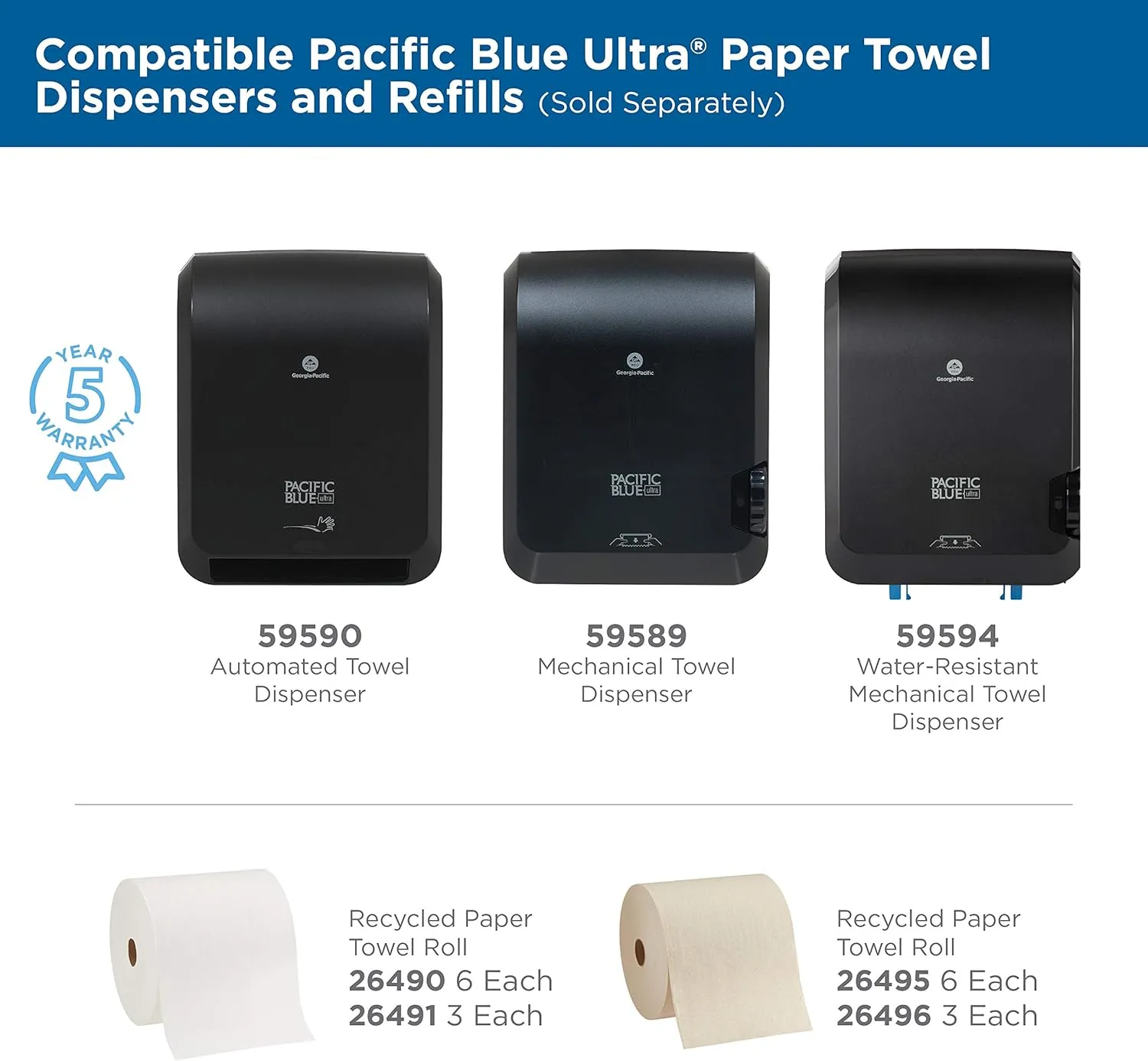 Pacific Blue Ultra 8” High-Capacity Recycled Paper Towel Roll by GP PRO (Georgia-Pacific), White, 26490, 1150 Feet Per Roll, 6 Rolls Per Case