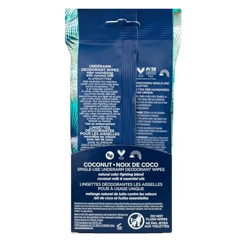 Pacifica Deodorant Wipes - Coconut Milk Underarm & Full Body Deodorant Wipes - Removes Sweat & Oil - Aluminum-Free - Natural Feminine Odor Control Clean Vegan & Cruelty-Free Dermatologist Tested