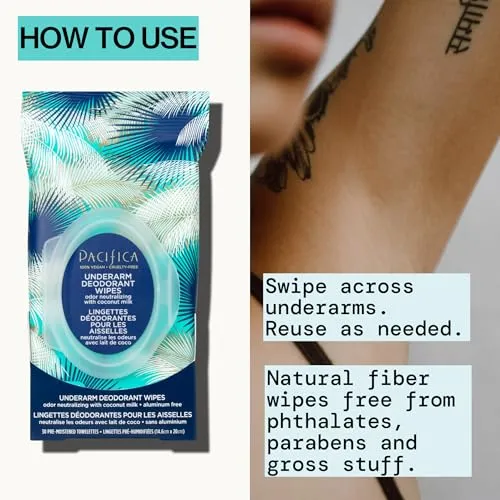Pacifica Deodorant Wipes - Coconut Milk Underarm & Full Body Deodorant Wipes - Removes Sweat & Oil - Aluminum-Free - Natural Feminine Odor Control Clean Vegan & Cruelty-Free Dermatologist Tested