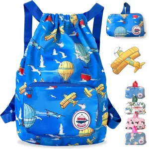 Packable Waterproof Drawstring Backpack for Kids – Foldable Lightweight. Travel Gym Beach Swim Bag for Boys Girls (Airplane)