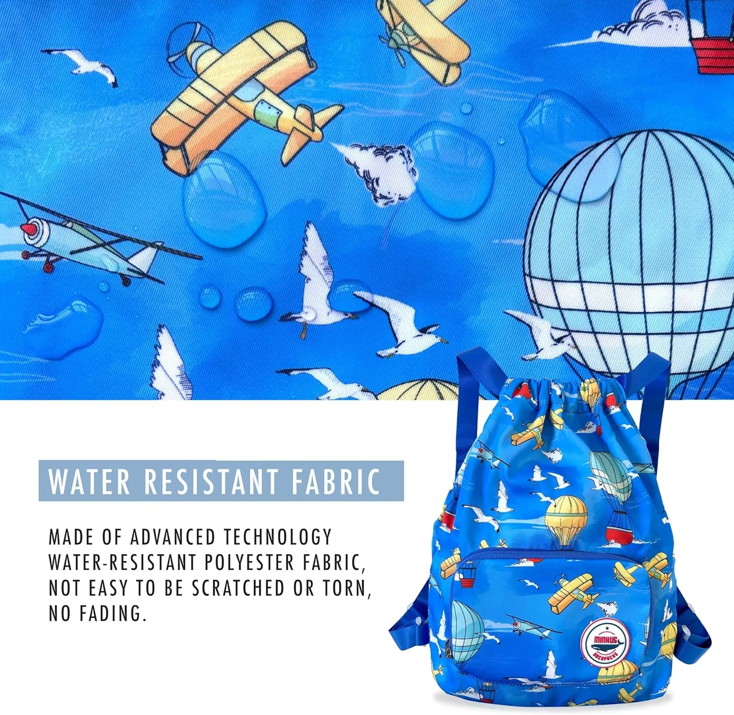 Packable Waterproof Drawstring Backpack for Kids – Foldable Lightweight. Travel Gym Beach Swim Bag for Boys Girls (Airplane)