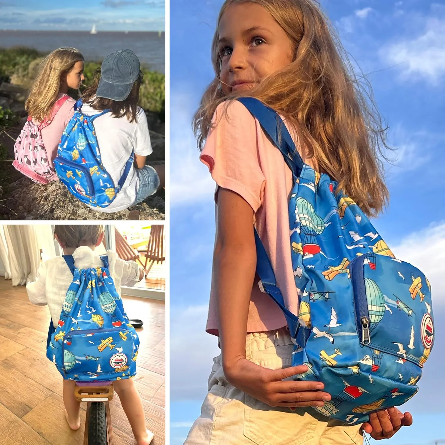 Packable Waterproof Drawstring Backpack for Kids – Foldable Lightweight. Travel Gym Beach Swim Bag for Boys Girls (Airplane)