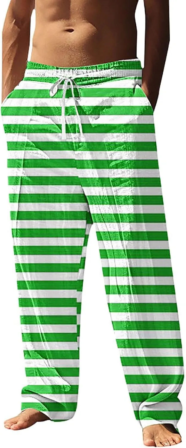 Pants for Men Casual Linen Stripe Camo Drawstring Wide Leg Trousers Loose Fit Breathable Hawaii Beach Vacation Pants