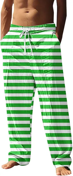 Pants for Men Casual Linen Stripe Camo Drawstring Wide Leg Trousers Loose Fit Breathable Hawaii Beach Vacation Pants