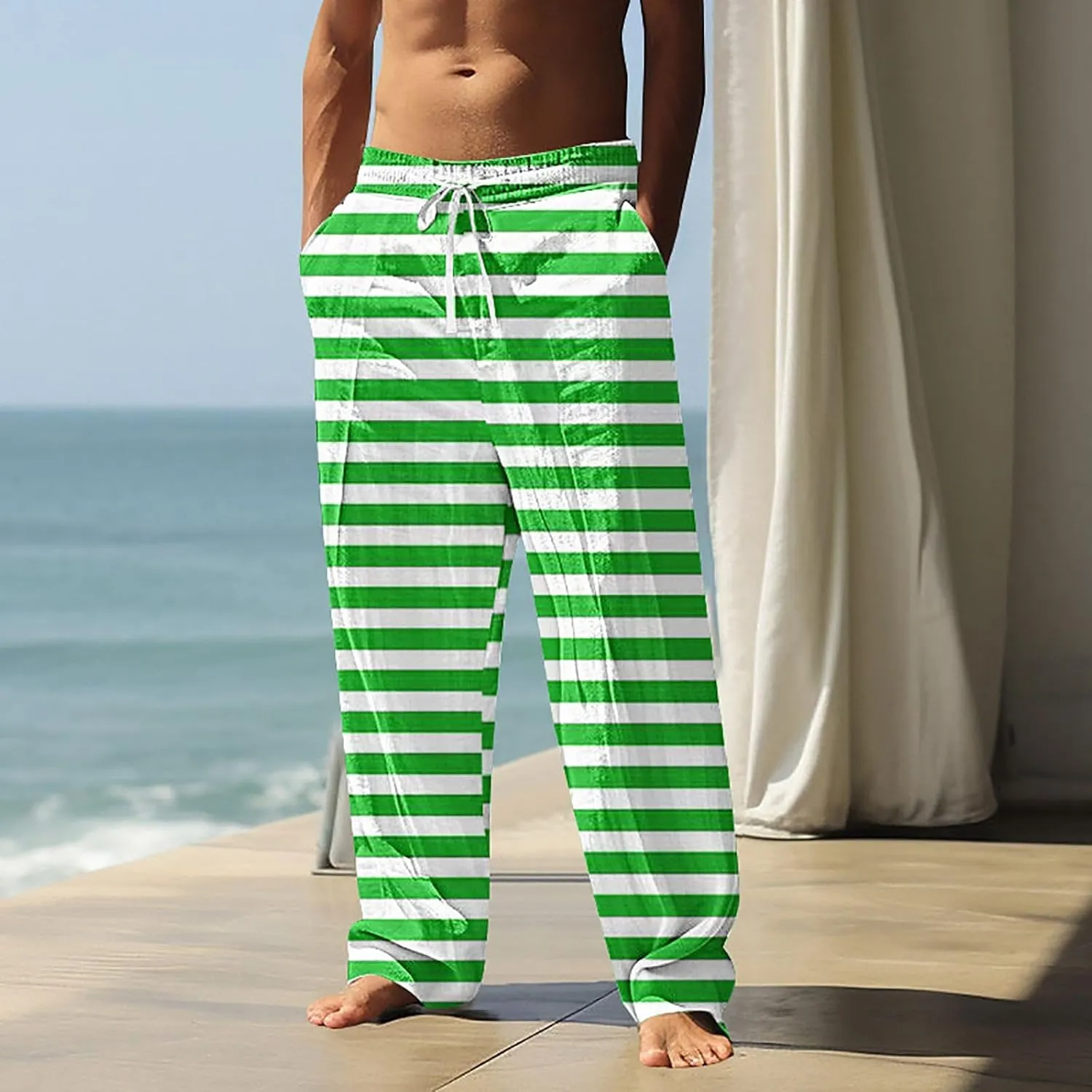 Pants for Men Casual Linen Stripe Camo Drawstring Wide Leg Trousers Loose Fit Breathable Hawaii Beach Vacation Pants