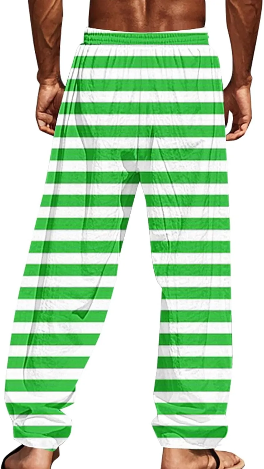 Pants for Men Casual Linen Stripe Camo Drawstring Wide Leg Trousers Loose Fit Breathable Hawaii Beach Vacation Pants