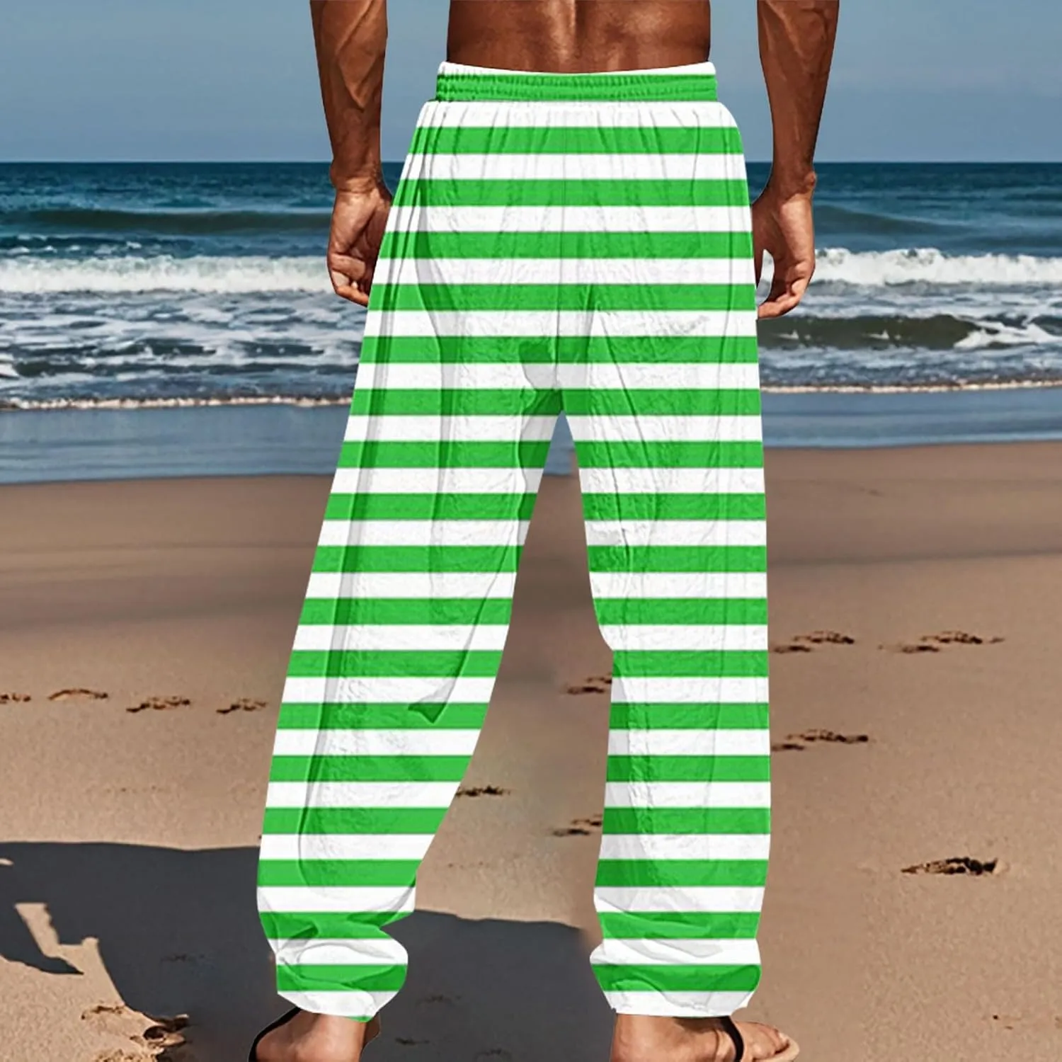 Pants for Men Casual Linen Stripe Camo Drawstring Wide Leg Trousers Loose Fit Breathable Hawaii Beach Vacation Pants