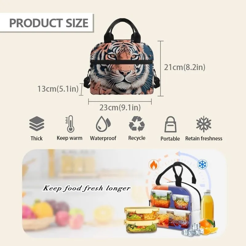 Paper Carving Tiger Lunch Bag Tote Shoulder Strap Paper Sculpture Tigers Lunch Box for Men Women Orange Leaves Insulated Leakproof Cooler Bag, Beach Trip Camping