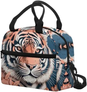 Paper Carving Tiger Lunch Bag Tote Shoulder Strap Paper Sculpture Tigers Lunch Box for Men Women Orange Leaves Insulated Leakproof Cooler Bag, Beach Trip Camping