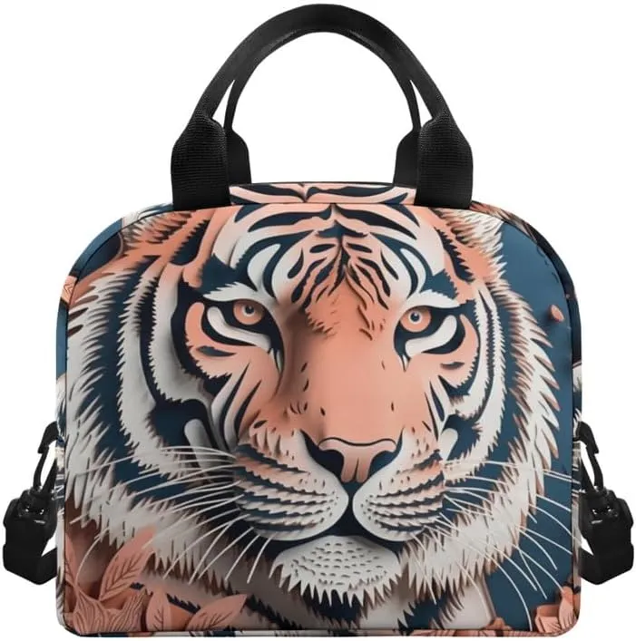 Paper Carving Tiger Lunch Bag Tote Shoulder Strap Paper Sculpture Tigers Lunch Box for Men Women Orange Leaves Insulated Leakproof Cooler Bag, Beach Trip Camping