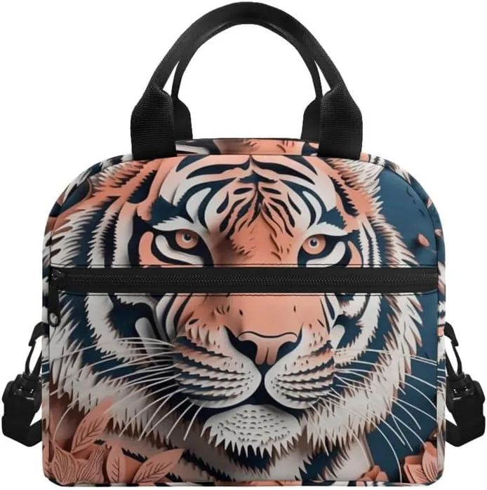 Paper Carving Tiger Lunch Bag Tote Shoulder Strap Paper Sculpture Tigers Lunch Box for Men Women Orange Leaves Insulated Leakproof Cooler Bag, Beach Trip Camping