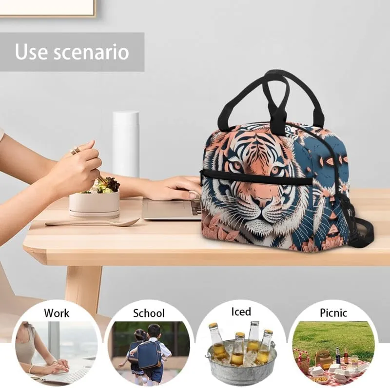 Paper Carving Tiger Lunch Bag Tote Shoulder Strap Paper Sculpture Tigers Lunch Box for Men Women Orange Leaves Insulated Leakproof Cooler Bag, Beach Trip Camping