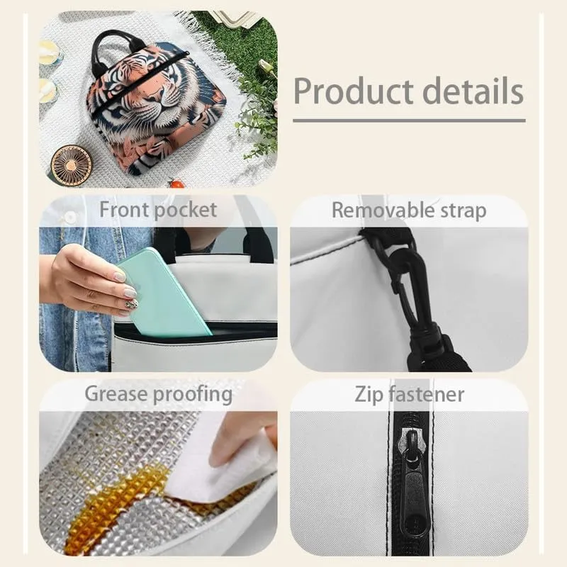 Paper Carving Tiger Lunch Bag Tote Shoulder Strap Paper Sculpture Tigers Lunch Box for Men Women Orange Leaves Insulated Leakproof Cooler Bag, Beach Trip Camping