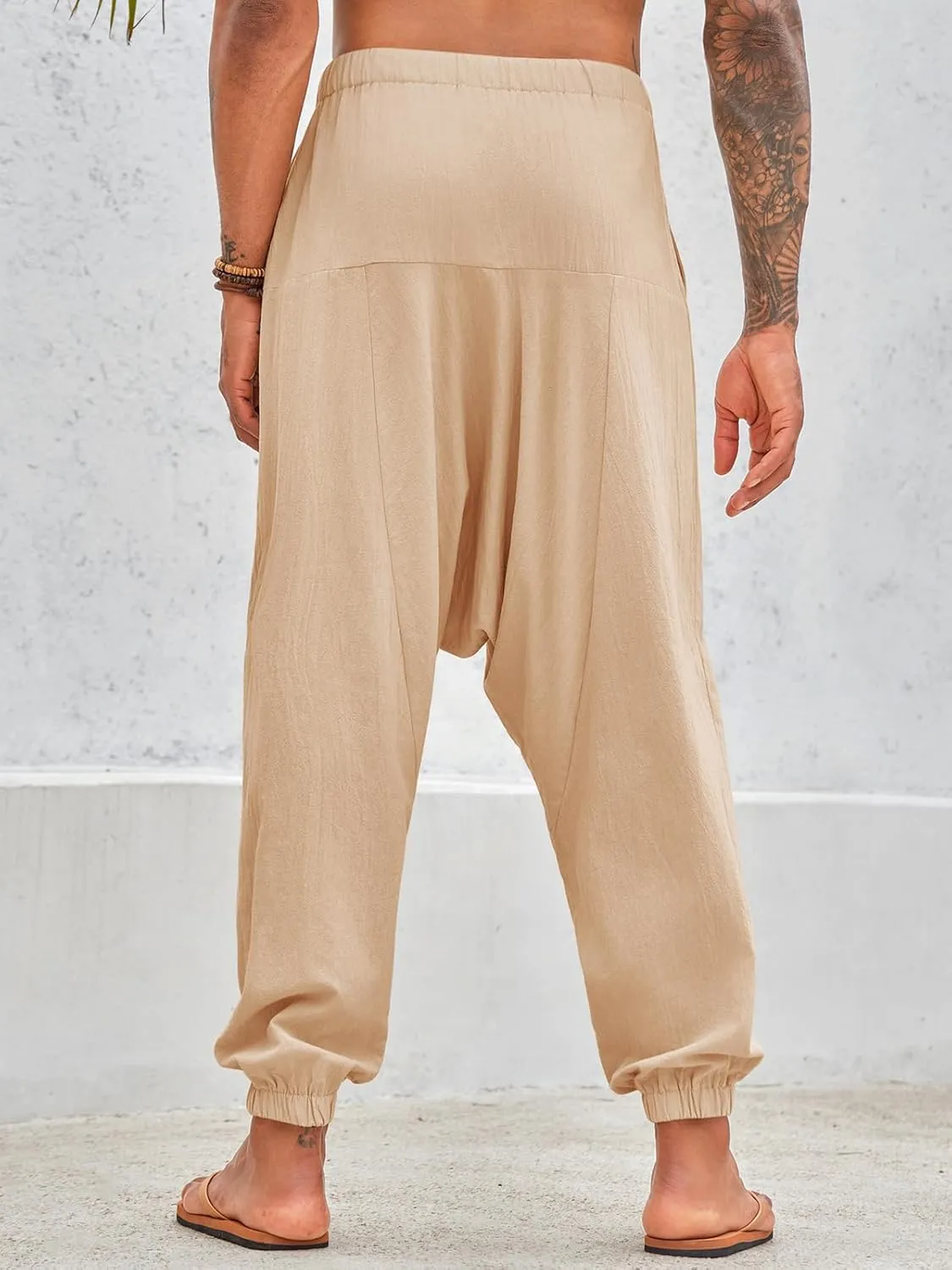 PASLTER Mens Harem Pants Baggy Casual Cotton Linen Boho Yoga Drop Crotch Hippie Trousers