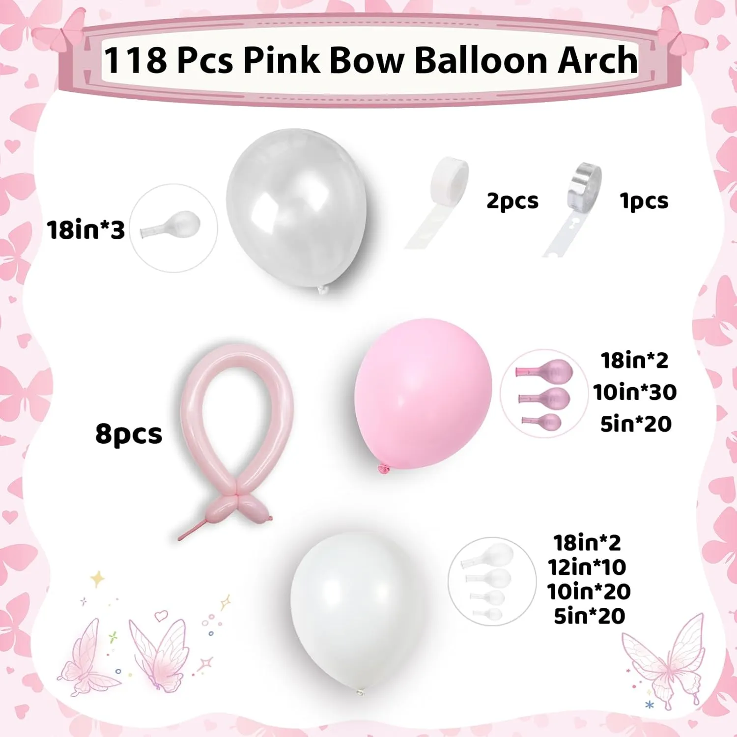 Pastel Pink and White Balloons Arch Kit, 118 Pcs Light Baby Pale Pink Bow Balloon Garland mit 18 Inch Clear Balloons*3, Macaron Pink Long Balloon as Bow Decor for Girls Birthday Baby Shower Decoration