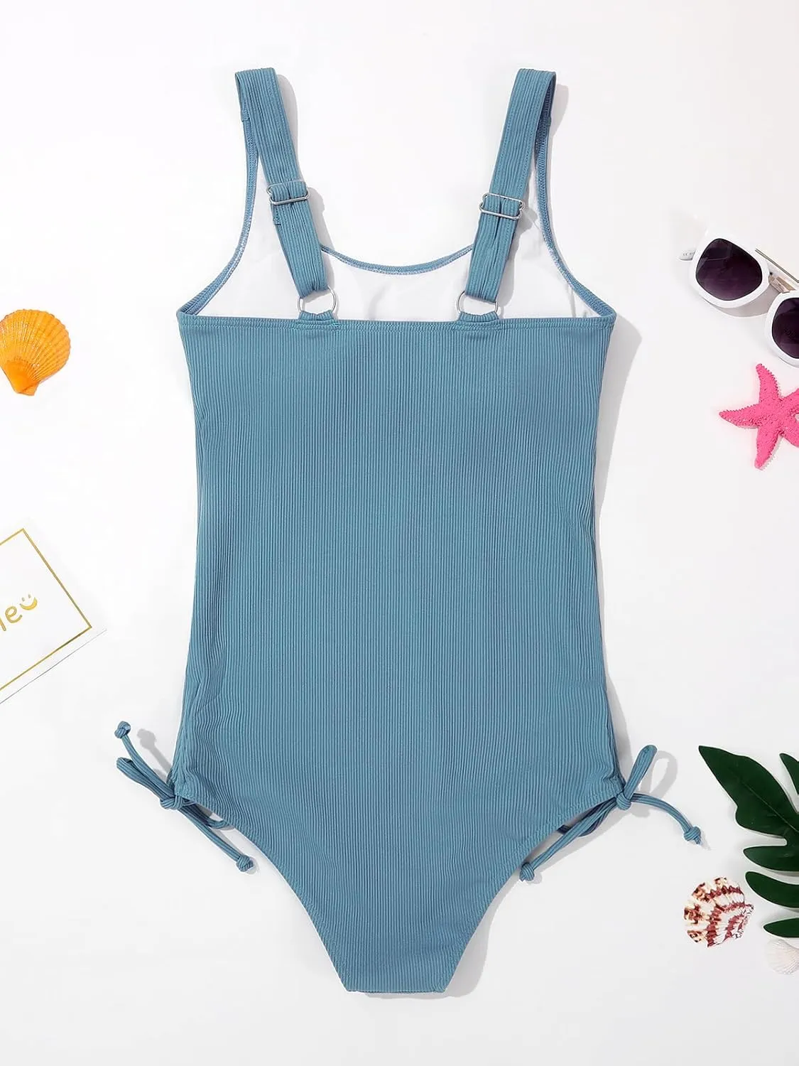Patgoal Girls One Piece Swimsuits Ribbed Bathing Suit Teen Girls Adjustable Straps Drawstring Athletic Swimwear Swim Suit