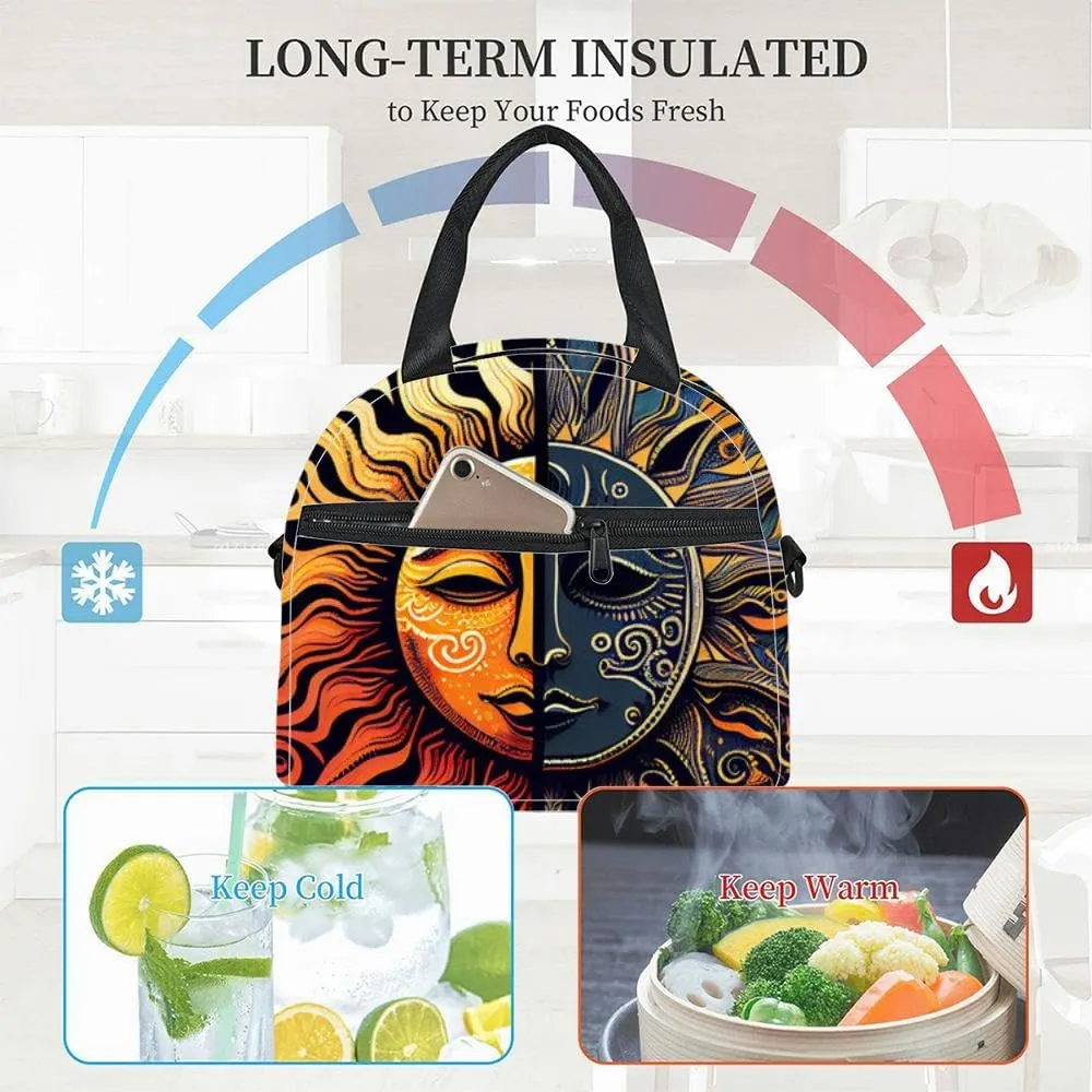 patterns featuring sun and moon Insulated Adult Lunch Bag with Shoulder Strap for Women Lightweight Reusable Portable Freezable Lunch Tote Bag for Work Picnic
