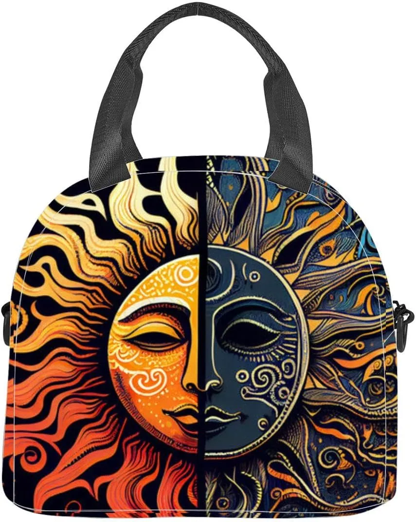 patterns featuring sun and moon Insulated Adult Lunch Bag with Shoulder Strap for Women Lightweight Reusable Portable Freezable Lunch Tote Bag for Work Picnic
