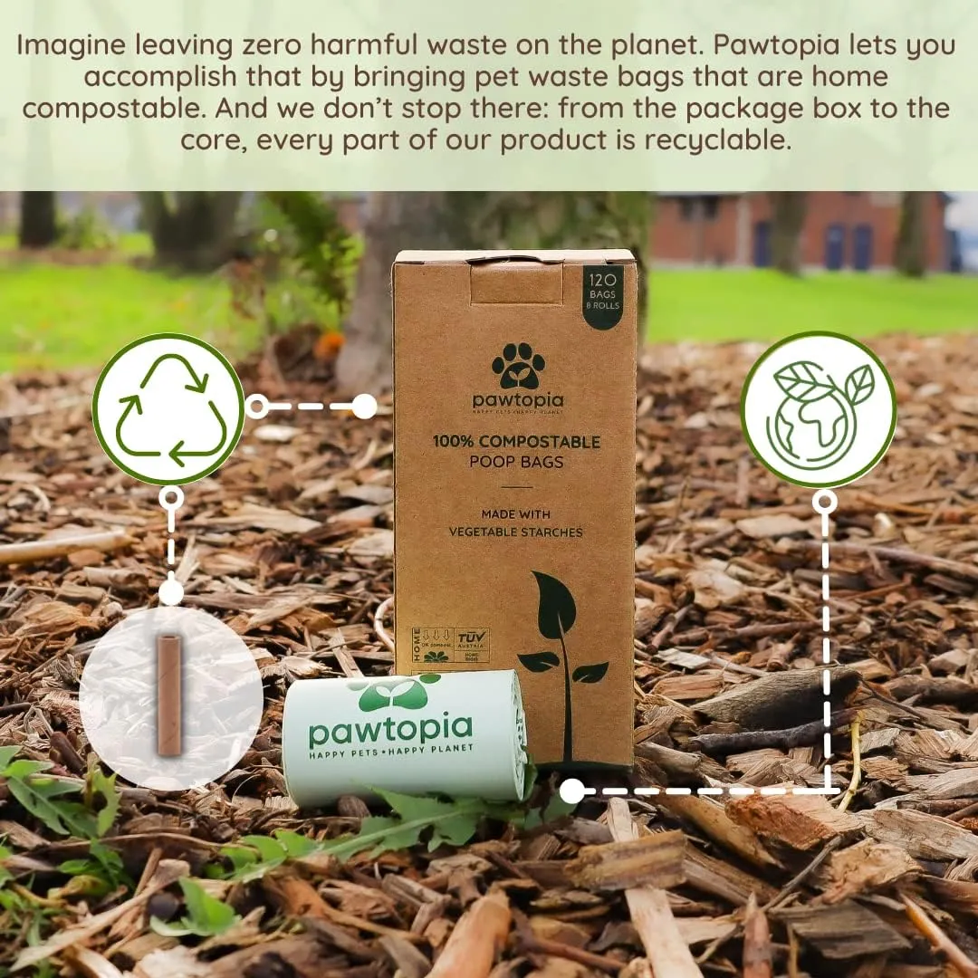 Pawtria Certified Home Compostable Dog Poop Bags (120 Bags), Biodegradable Poop Bags for Dogs, Cat Litter, Vegetable Starches, Eco-friendly Dog Waste Bags, Leakproof, Easy to Open, Give Back