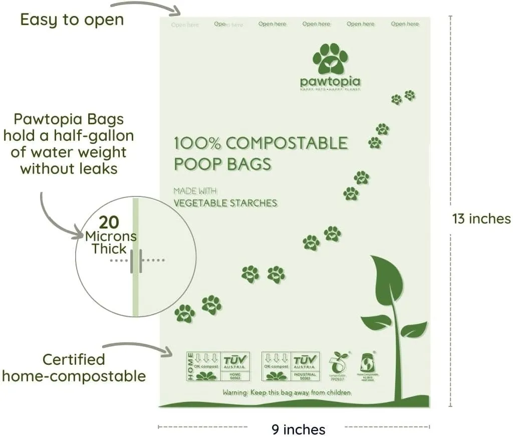 Pawtria Certified Home Compostable Dog Poop Bags (120 Bags), Biodegradable Poop Bags for Dogs, Cat Litter, Vegetable Starches, Eco-friendly Dog Waste Bags, Leakproof, Easy to Open, Give Back