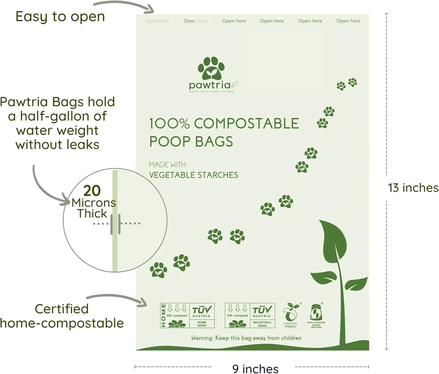 Pawtria Certified Home Compostable Dog Poop Bags (480 Bags), Value pack, Biodegradable Poop Bags, Cat Litter, Vegetable Starches, Eco-friendly Dog Waste Bags, Leak proof, Easy to Open, Give Back