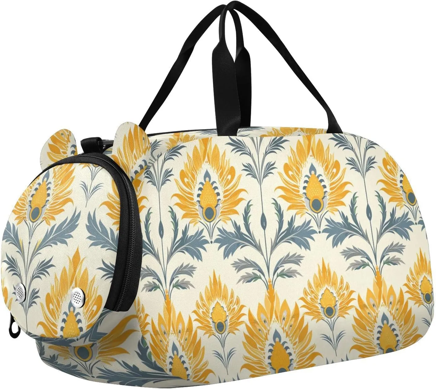 Peacock Butter Yellow Beige Duffel Bag with Shoes Compartment Lightweight Kids Overnight Bag for Boys and Girls