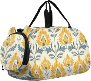 Peacock Butter Yellow Beige Duffel Bag with Shoes Compartment Lightweight Kids Overnight Bag for Boys and Girls