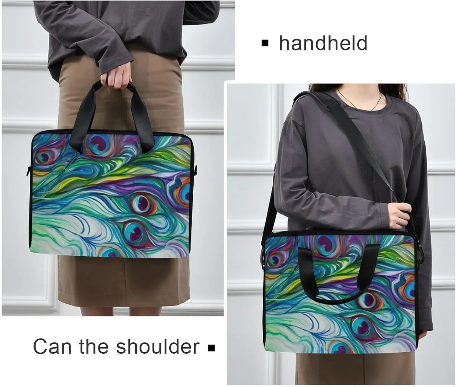 Peacock Feather Laptop Bag Case 13 14 15.6 inch Laptop Messenger Bag Crossbody Briefcase for Men Women with Shoulder Strap Handle 46
