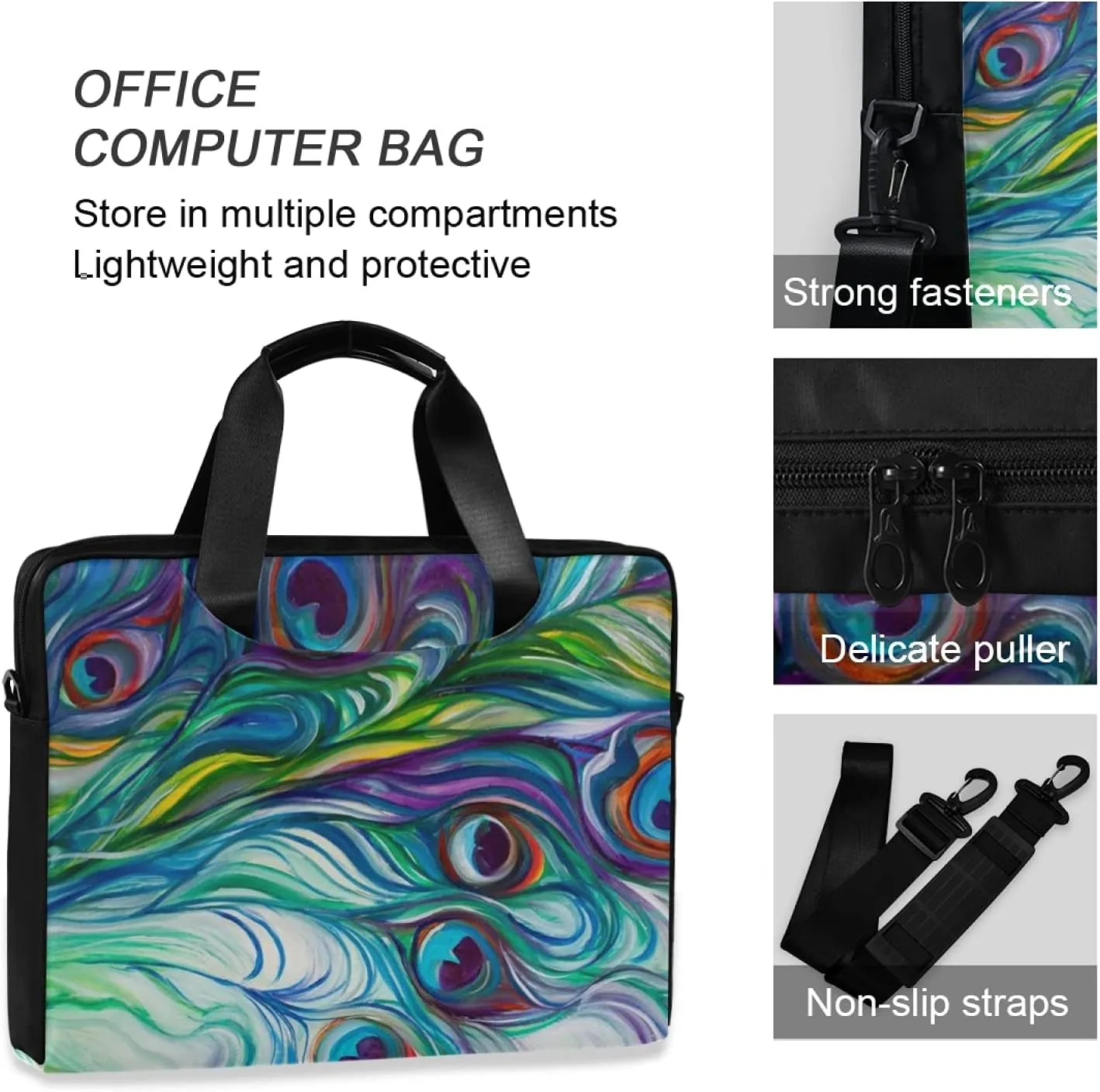 Peacock Feather Laptop Bag Case 13 14 15.6 inch Laptop Messenger Bag Crossbody Briefcase for Men Women with Shoulder Strap Handle 46