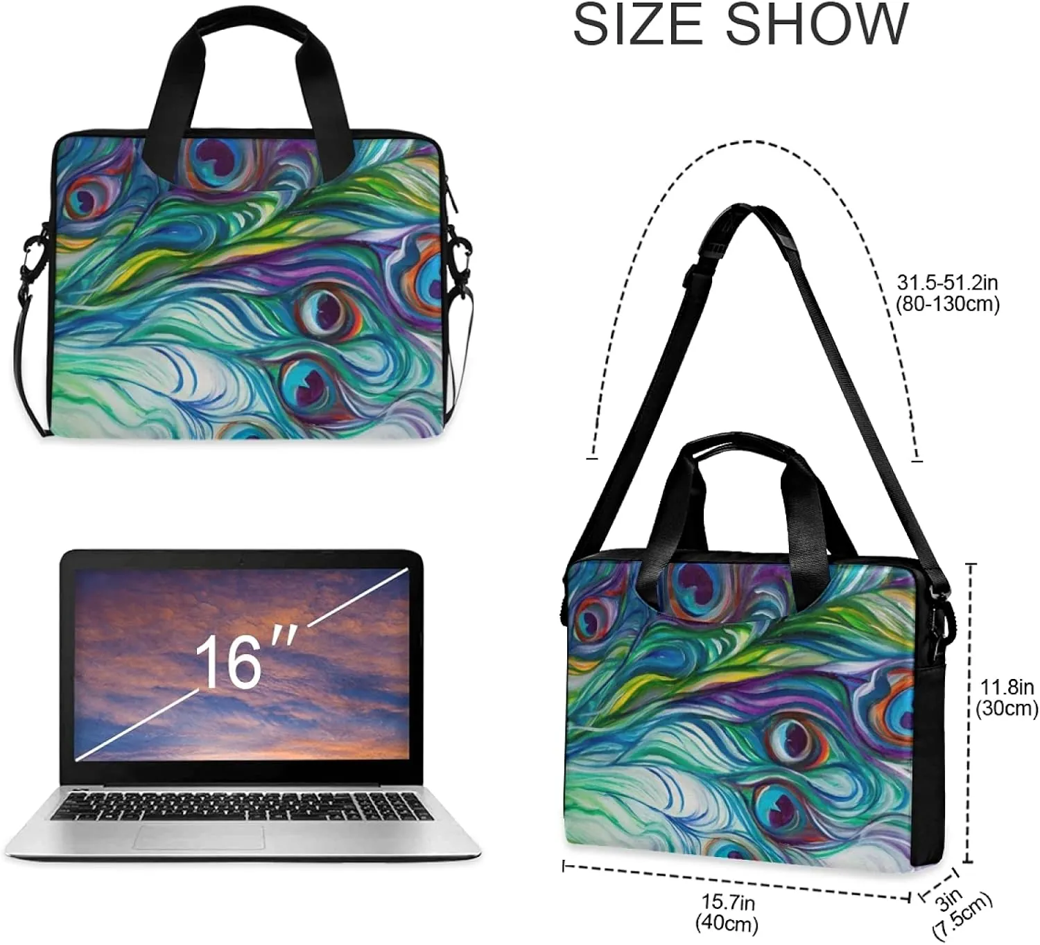 Peacock Feather Laptop Bag Case 13 14 15.6 inch Laptop Messenger Bag Crossbody Briefcase for Men Women with Shoulder Strap Handle 46