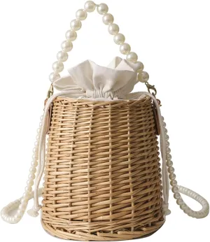 Pearl Crossbody Bucket Handbag Handwoven Mini Straw Basket Vintage Beach Bag Satchel Style Travel Vacation Daily Use