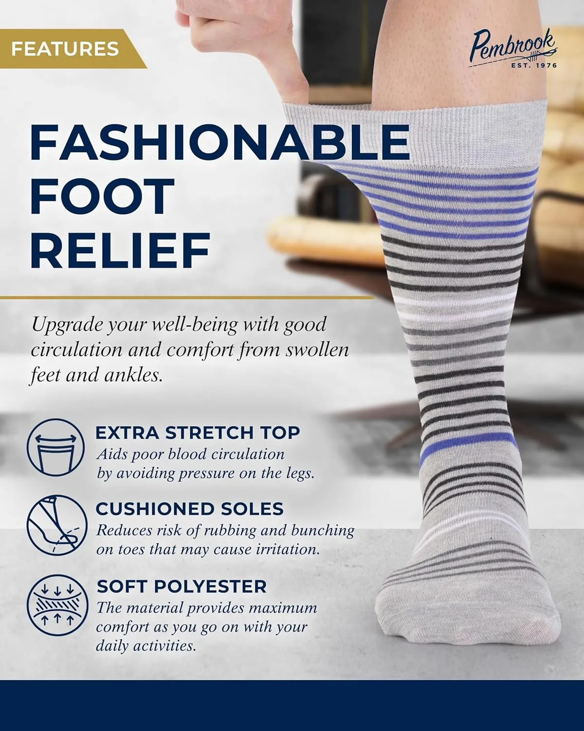 Pembrook Diabetic Dress Socks for Men - 4 Pairs Odor Free Stylish Diabetic Socks for Men Work | Mens Diabetic Socks Casual