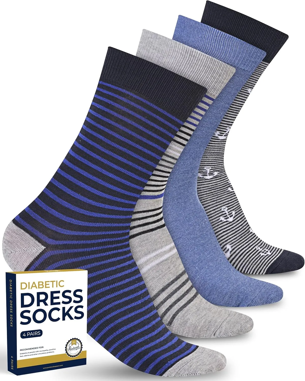 Pembrook Diabetic Dress Socks for Men - 4 Pairs Odor Free Stylish Diabetic Socks for Men Work | Mens Diabetic Socks Casual
