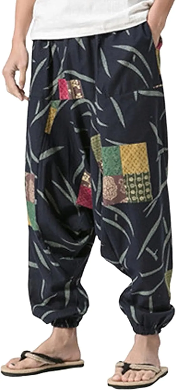 perdontoo Mens Casual Harem Pants Cotton Boho Yoga Hippie Aladdin Summer Beach Drop Crotch Trouser
