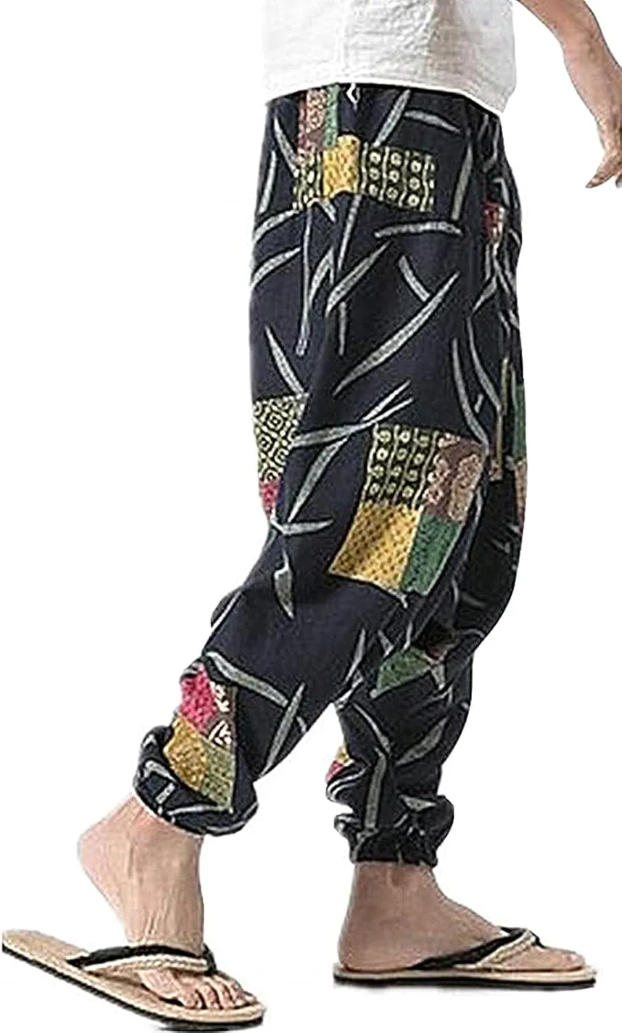 perdontoo Mens Casual Harem Pants Cotton Boho Yoga Hippie Aladdin Summer Beach Drop Crotch Trouser