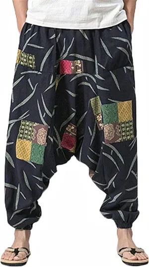 perdontoo Mens Casual Harem Pants Cotton Boho Yoga Hippie Aladdin Summer Beach Drop Crotch Trouser