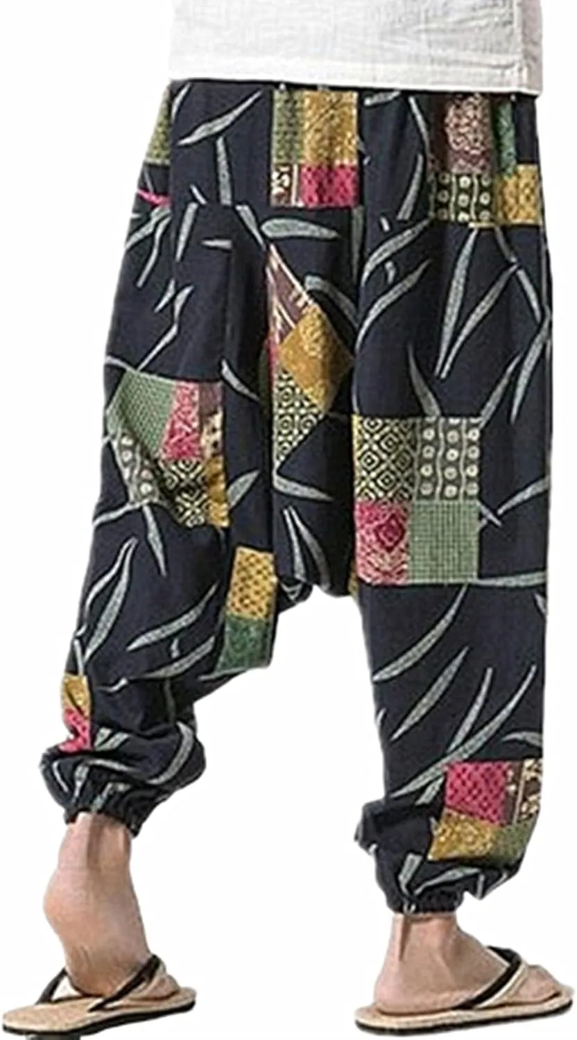 perdontoo Mens Casual Harem Pants Cotton Boho Yoga Hippie Aladdin Summer Beach Drop Crotch Trouser