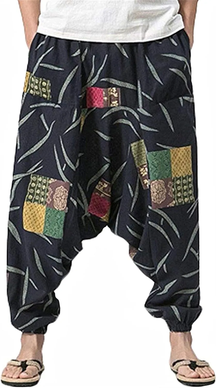 perdontoo Mens Casual Harem Pants Cotton Boho Yoga Hippie Aladdin Summer Beach Drop Crotch Trouser
