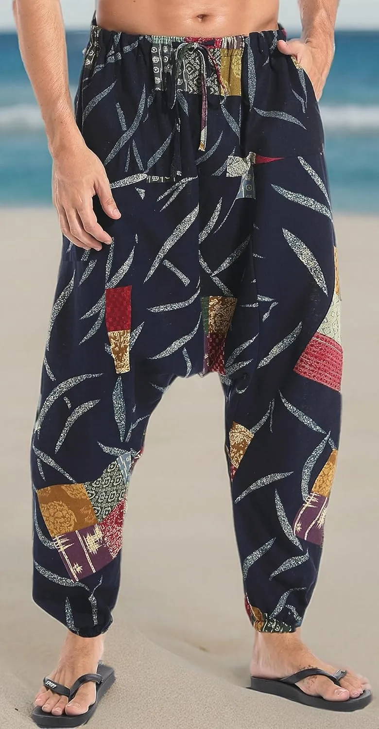 perdontoo Mens Casual Harem Pants Cotton Boho Yoga Hippie Aladdin Summer Beach Drop Crotch Trouser