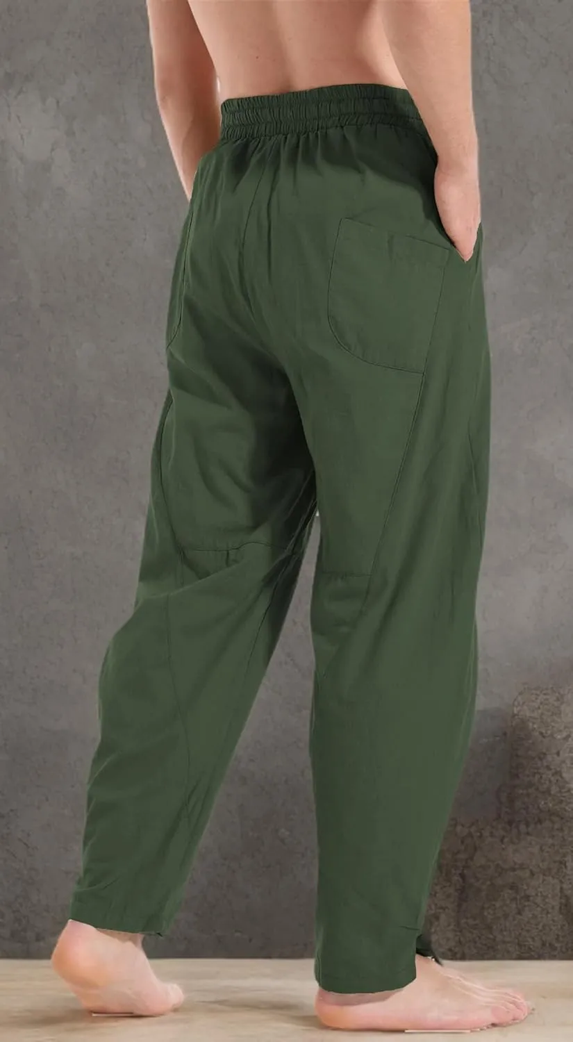 perdontoo Men's Linen Cotton Loose Fit Casual Lightweight Elastic Waist Summer Beach Pants