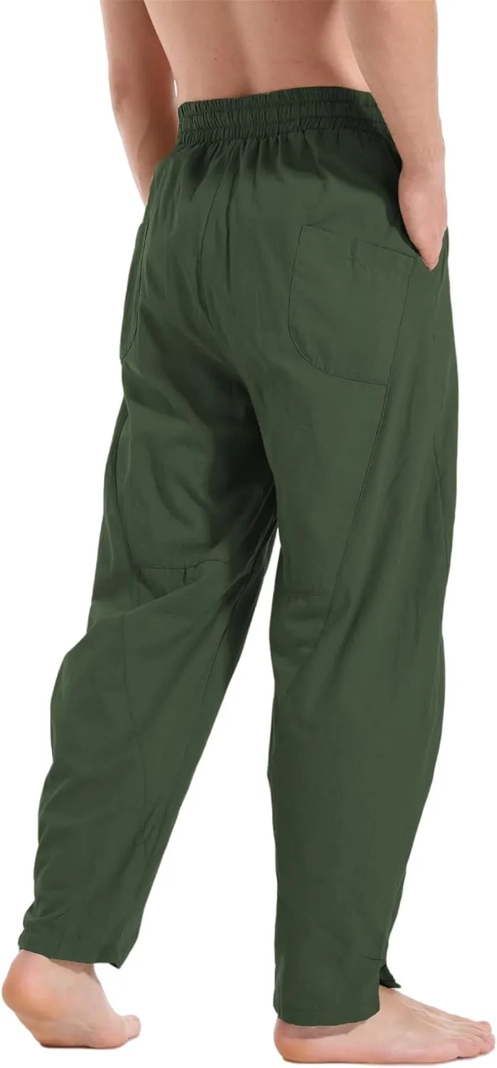perdontoo Men's Linen Cotton Loose Fit Casual Lightweight Elastic Waist Summer Beach Pants