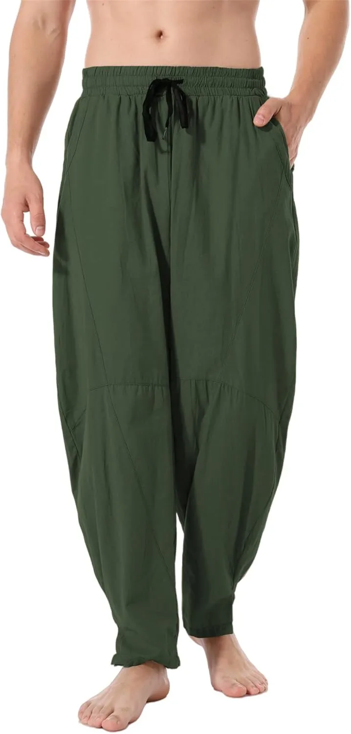 perdontoo Men's Linen Cotton Loose Fit Casual Lightweight Elastic Waist Summer Beach Pants