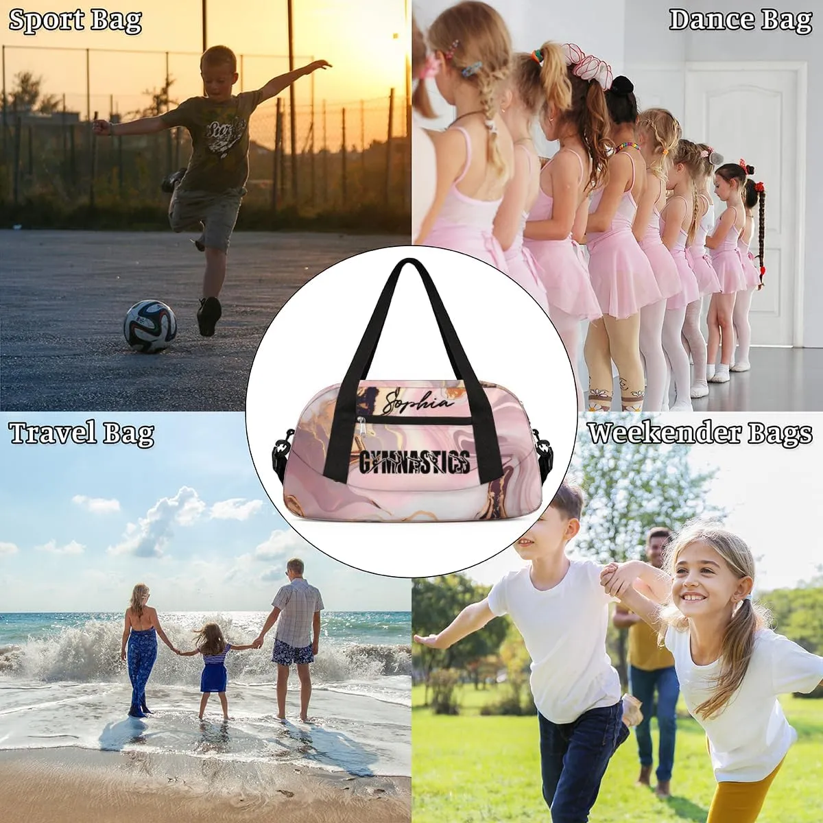 Personalized Gymnastics Pink Marble Background Design Duffel Bag for Girl, Custom Sport Duffel Bag, Customize Travel Duffle Bag with Name, Gifts For Children