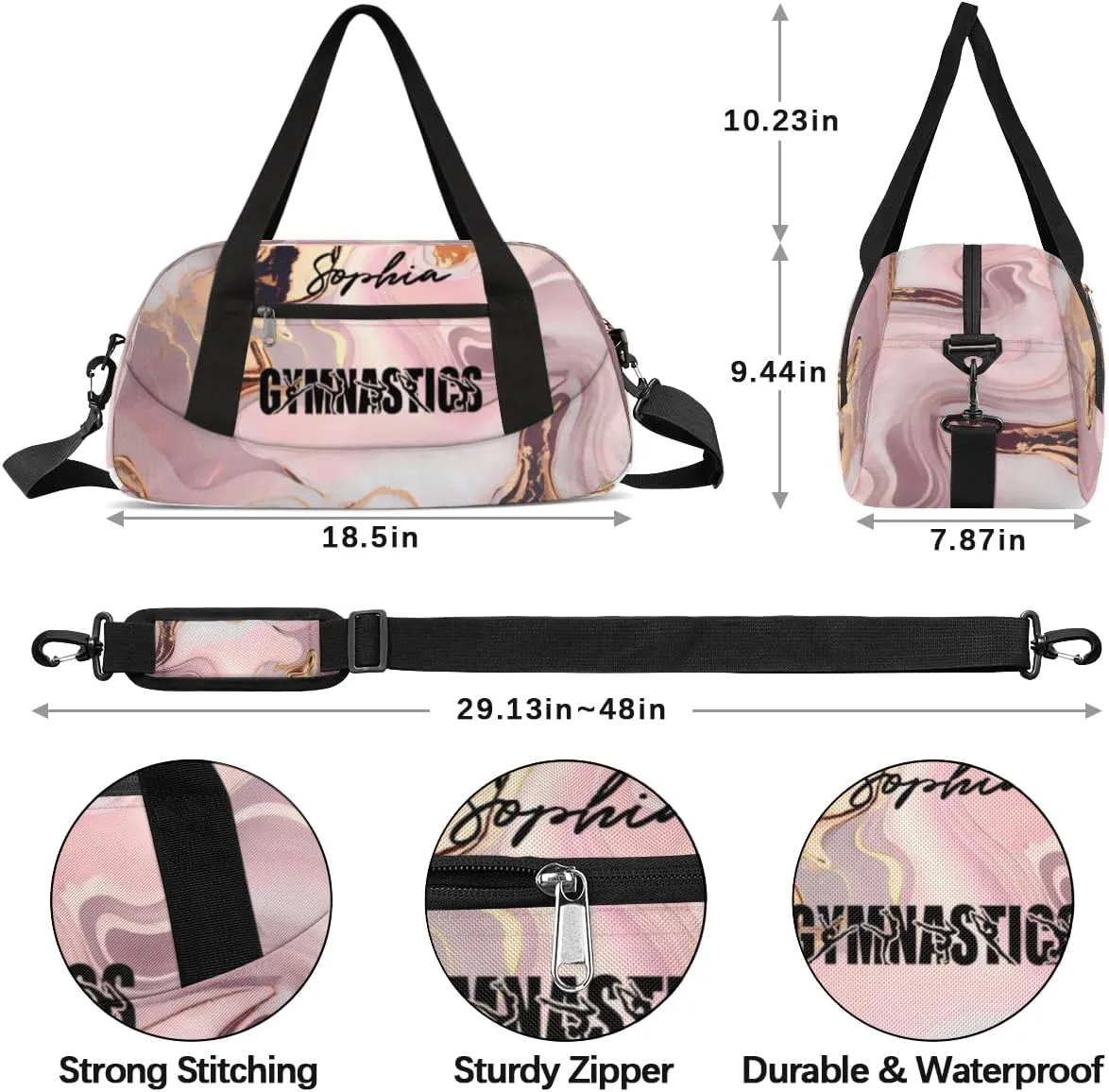 Personalized Gymnastics Pink Marble Background Design Duffel Bag for Girl, Custom Sport Duffel Bag, Customize Travel Duffle Bag with Name, Gifts For Children