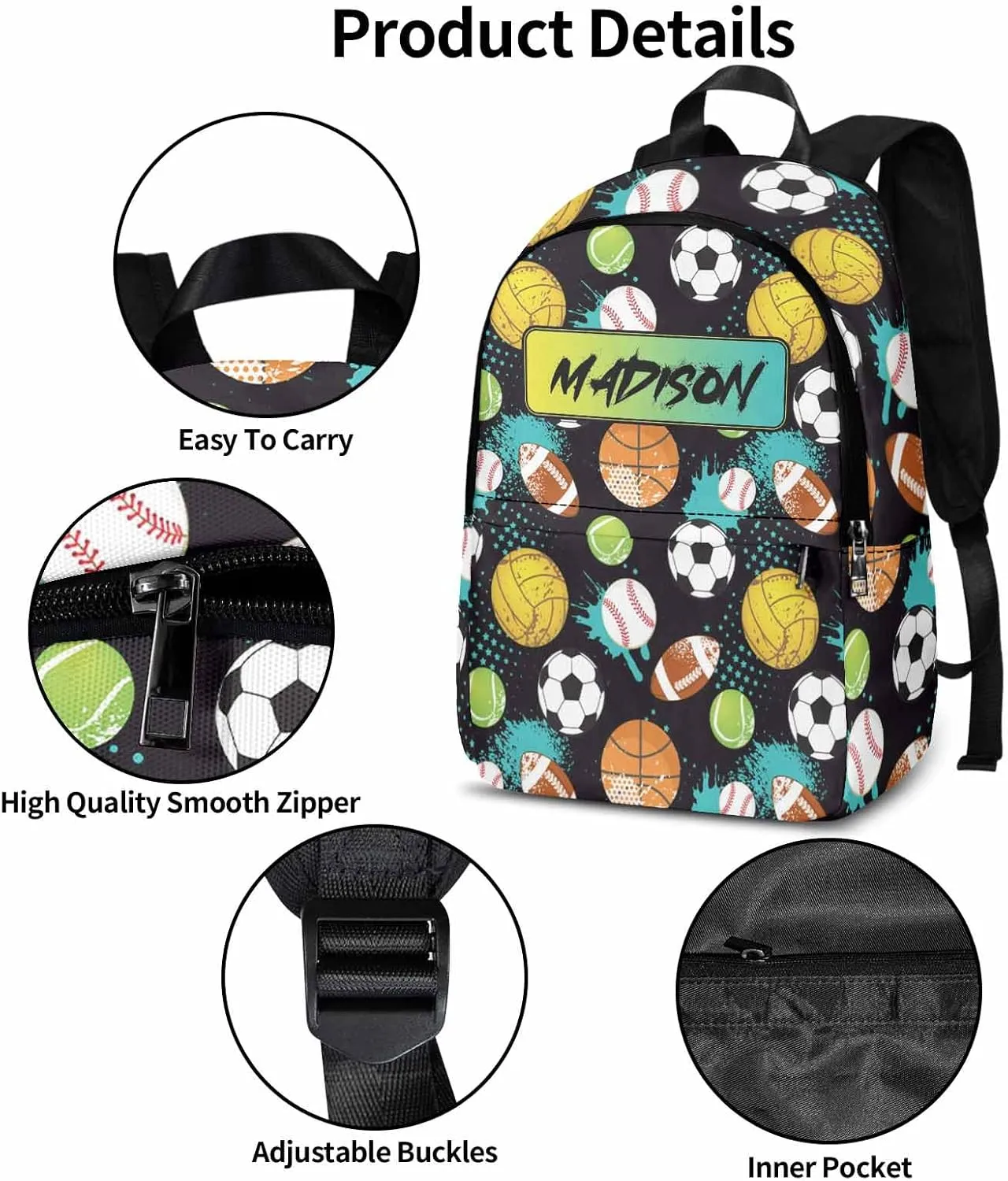 Personalized Kids Boys Backpacks with Lunch Box, Custom Bookbags Schoolbag with Lunch Bag, Football Basketball Baseball Casual Daypacks Back to School Backpack for Preschool Elementary