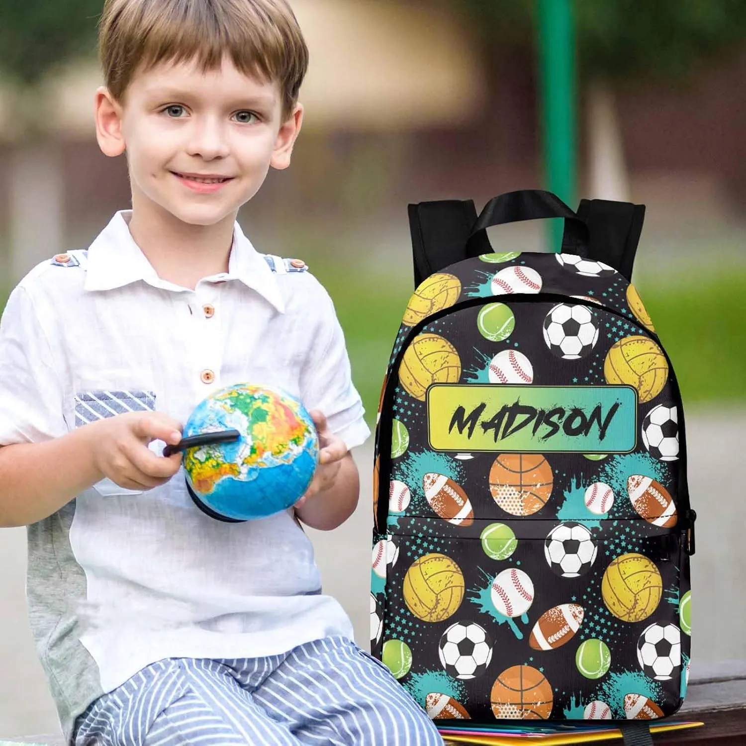 Personalized Kids Boys Backpacks with Lunch Box, Custom Bookbags Schoolbag with Lunch Bag, Football Basketball Baseball Casual Daypacks Back to School Backpack for Preschool Elementary