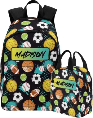 Personalized Kids Boys Backpacks with Lunch Box, Custom Bookbags Schoolbag with Lunch Bag, Football Basketball Baseball Casual Daypacks Back to School Backpack for Preschool Elementary