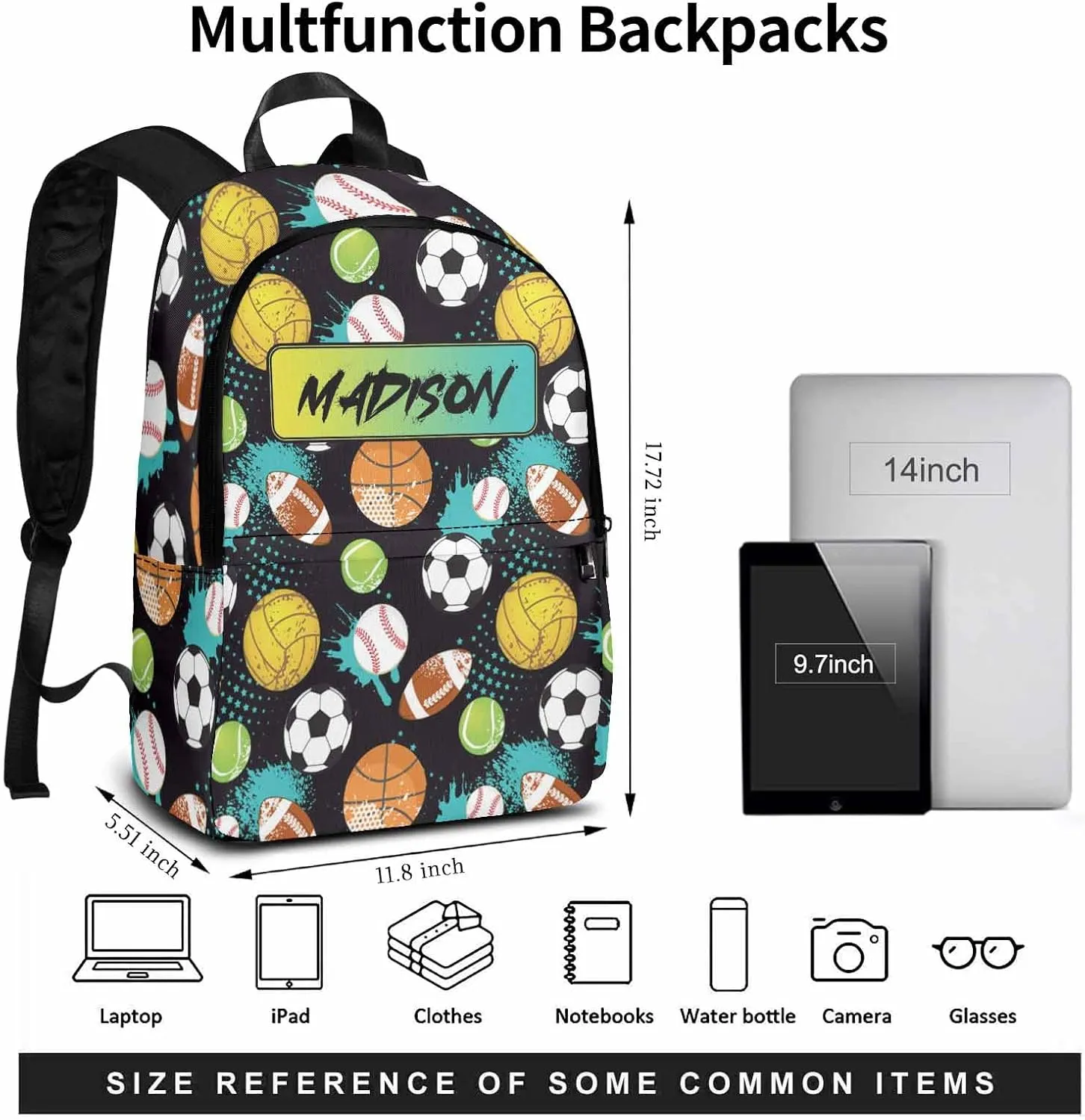 Personalized Kids Boys Backpacks with Lunch Box, Custom Bookbags Schoolbag with Lunch Bag, Football Basketball Baseball Casual Daypacks Back to School Backpack for Preschool Elementary