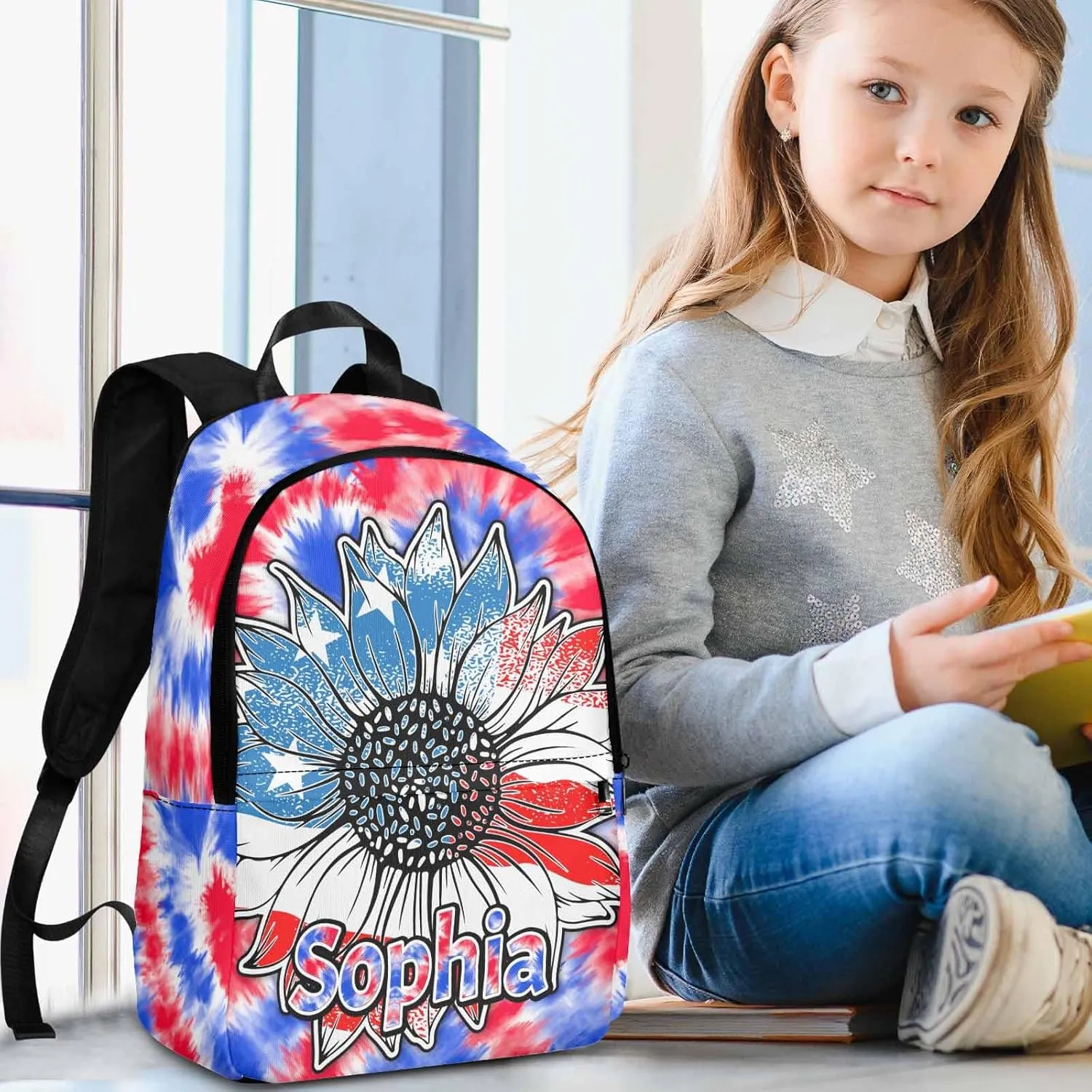 Personalized Kids Name Daypacks with Lunch Bag, Custom Schoolbag Bookbags for Toddler Teen Girls Boys, Sunflower Flag Pattern Customized Casual Backpack for Kindergarten Elementary