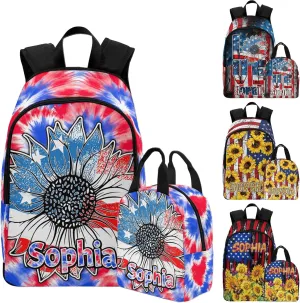 Personalized Kids Name Daypacks with Lunch Bag, Custom Schoolbag Bookbags for Toddler Teen Girls Boys, Sunflower Flag Pattern Customized Casual Backpack for Kindergarten Elementary